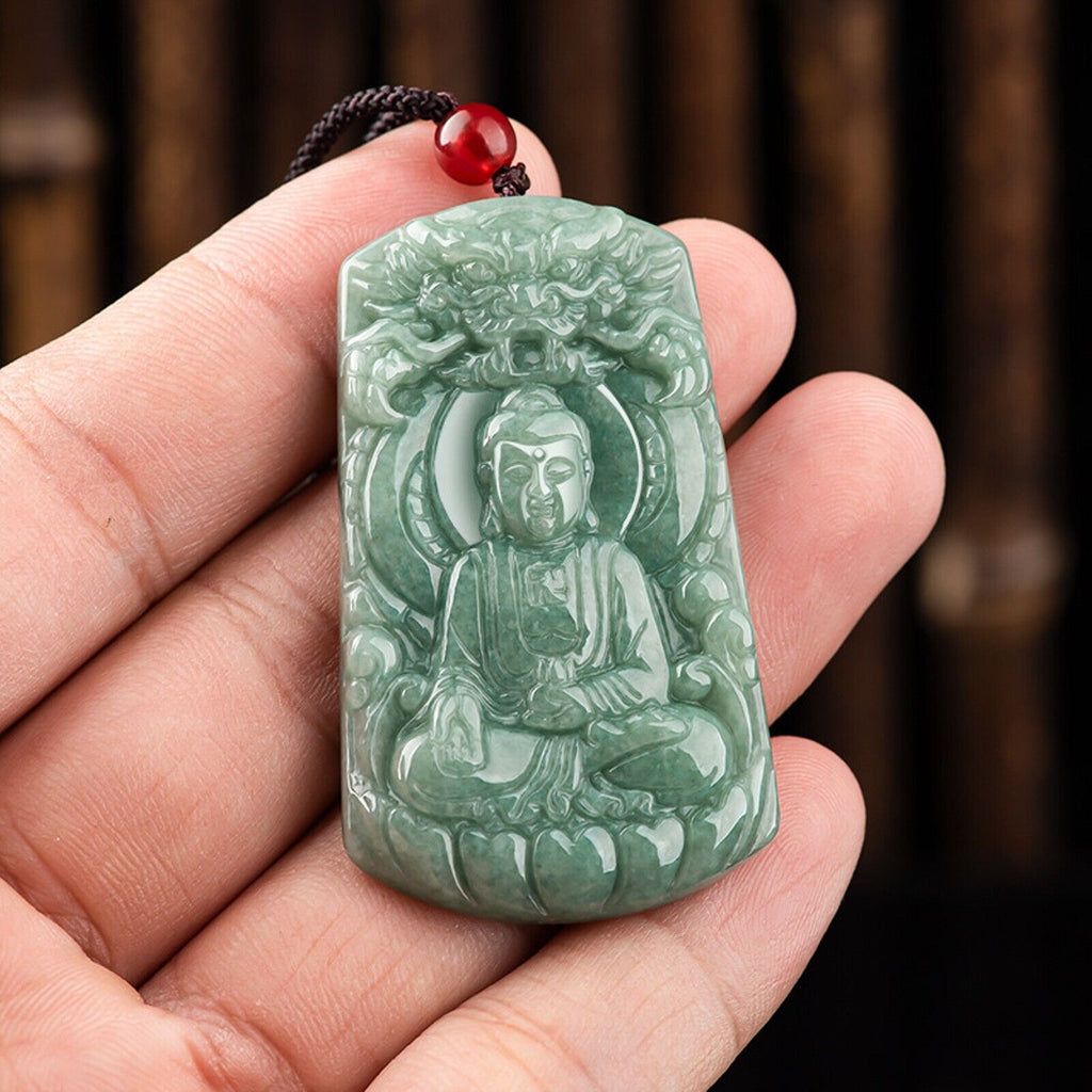 Natural Grade A Jade Jadeite Dragon Buddha Square Pendant #37-1226