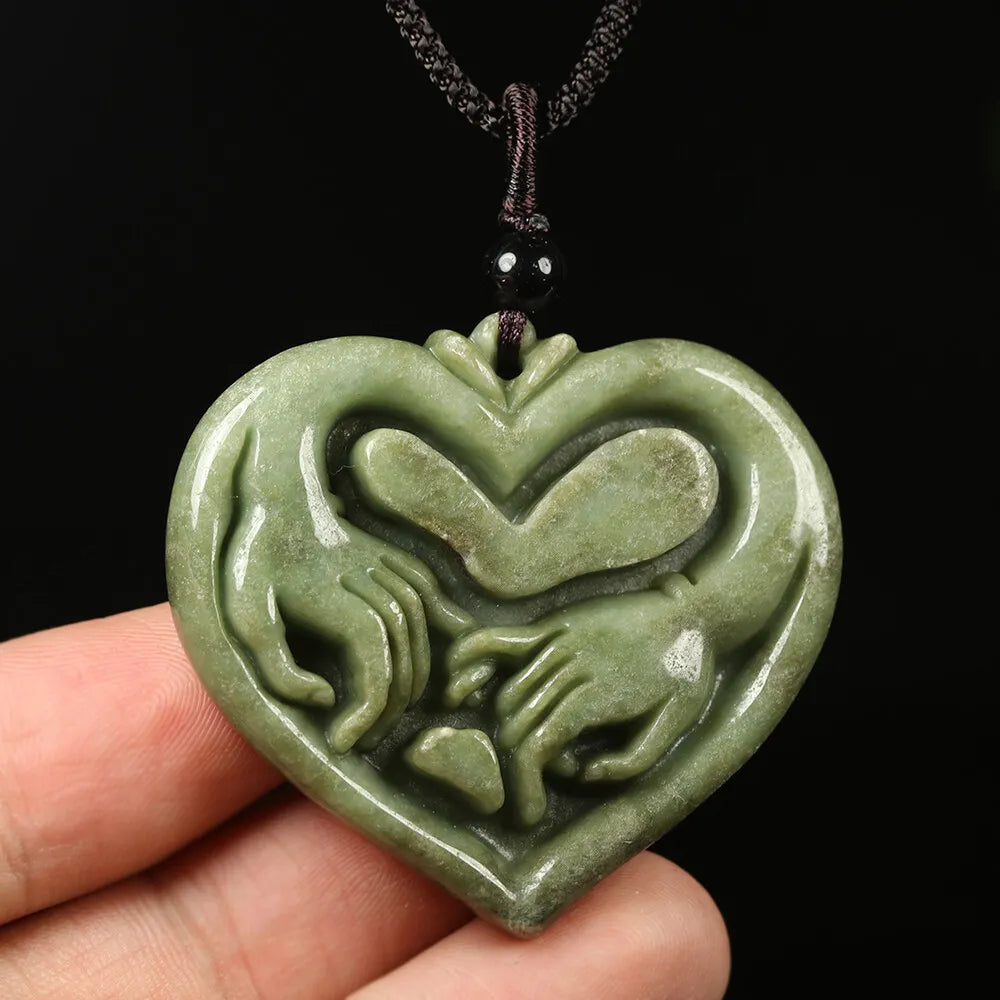 Certified Grade A Green Natural Jadeite Jade Pendant Heart Lover Hand