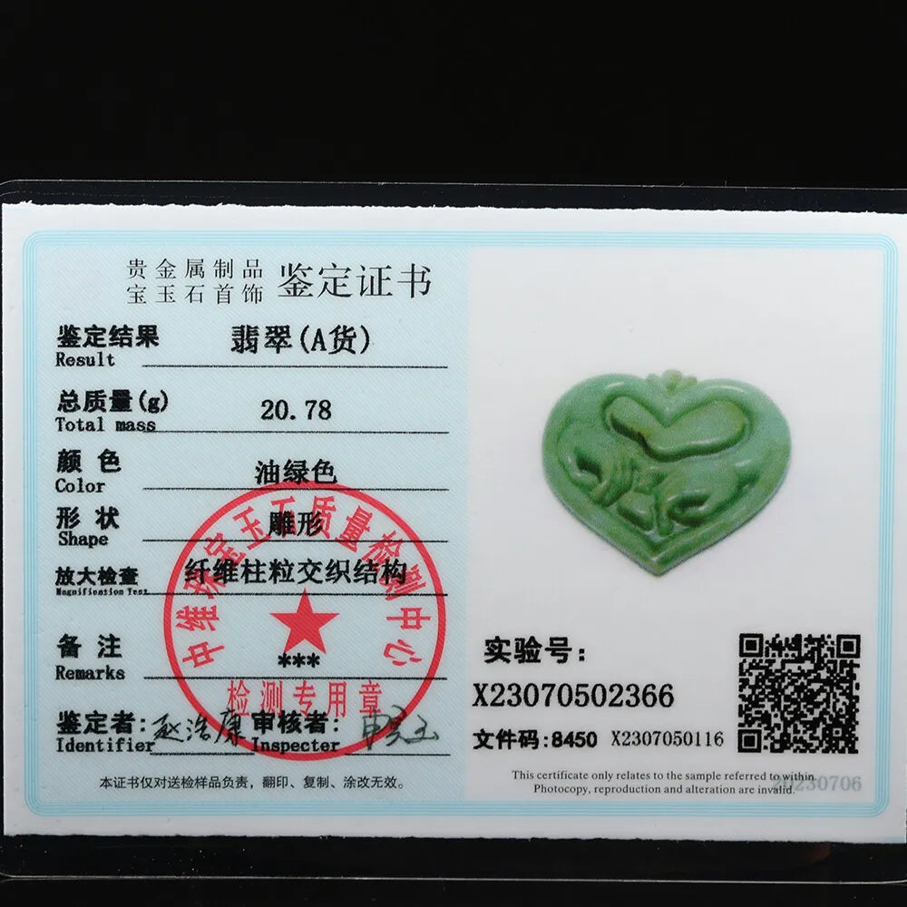 Certified Grade A Green Natural Jadeite Jade Pendant Heart Lover Hand