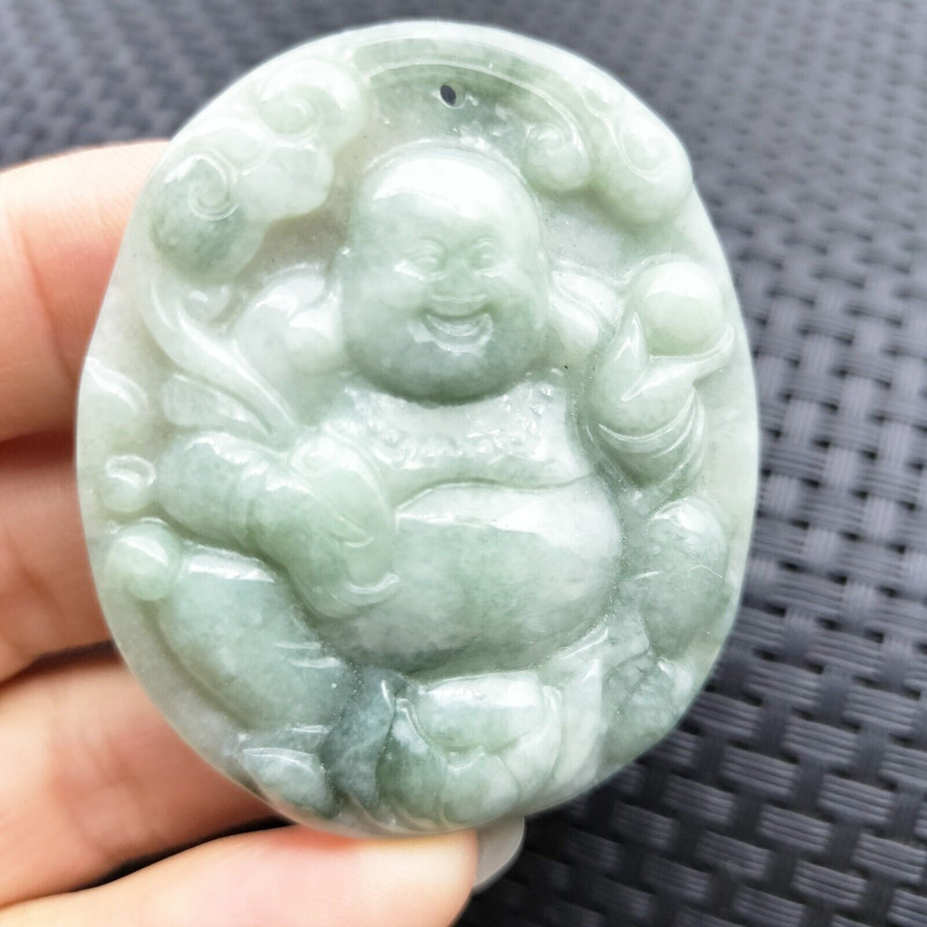 Certified Light Green Natural A Jadeite Carved Happy Buddha God Ruyi Pendant #3-1226