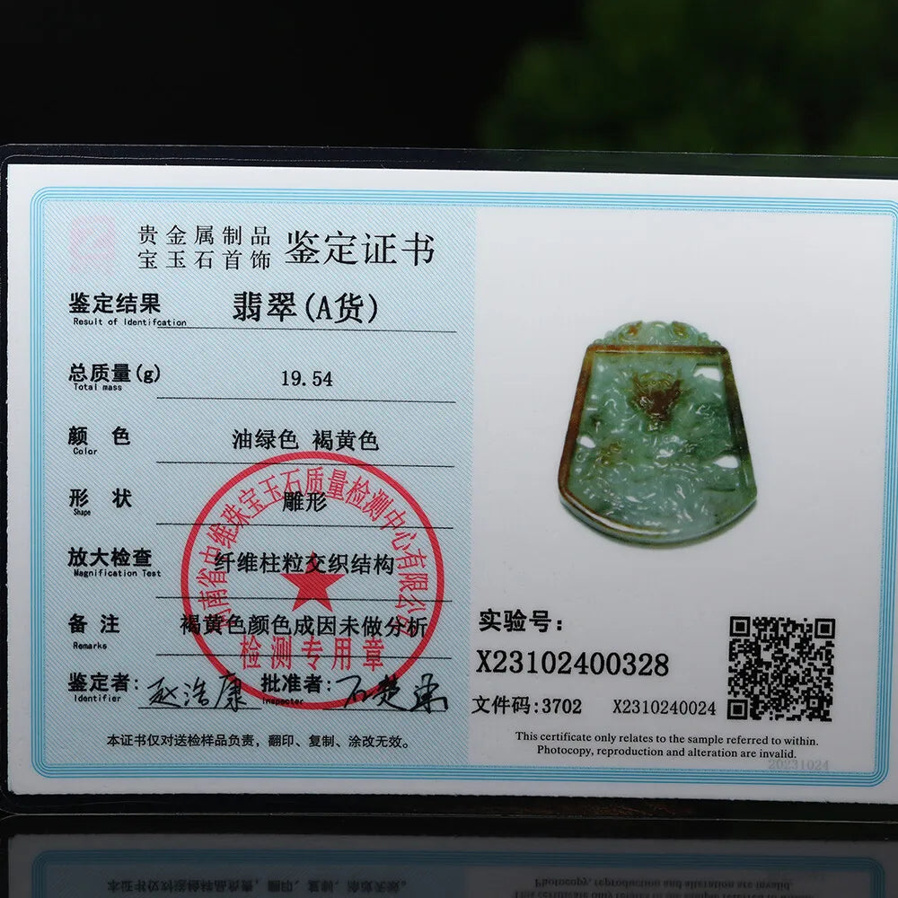 Certified Grade A Red Green Natural Jadeite Jade Pendant Carved Dragon 招财龙