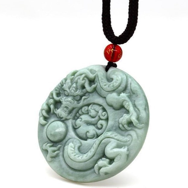 Jade Dragon Chasing the Flaming Pearl Pendant Necklace #119-1230