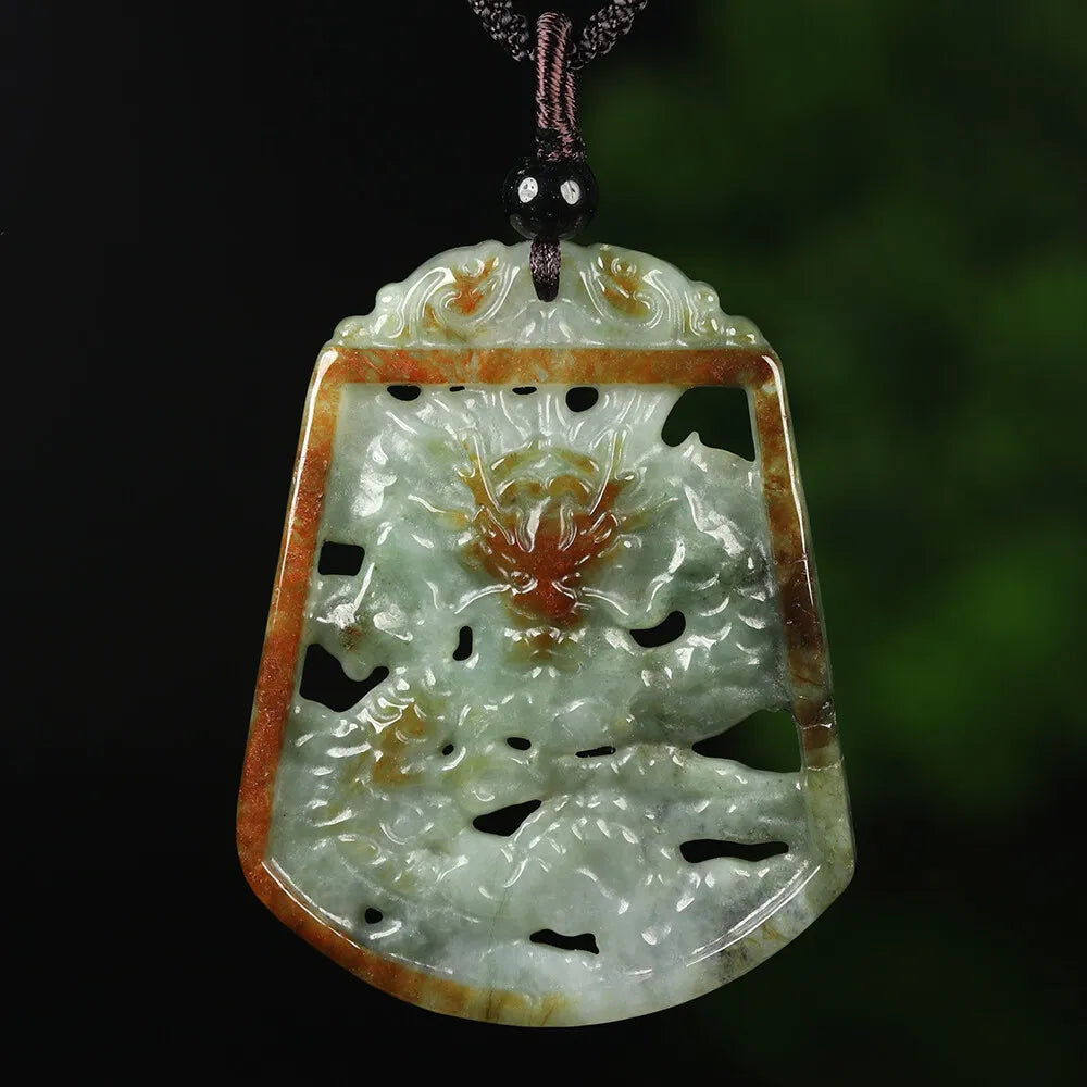 Certified Grade A Red Green Natural Jadeite Jade Pendant Carved Dragon 招财龙