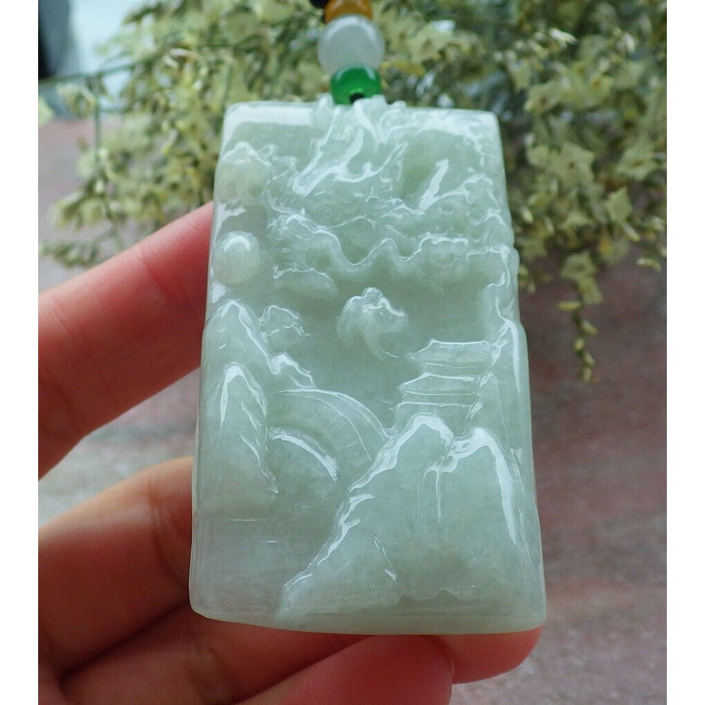 Certified A Jade Jadeite Pendant Heavenly Landscape Painting with Dragon Chasing the Flaming Pearl in the Sky 山水画 #28-1226