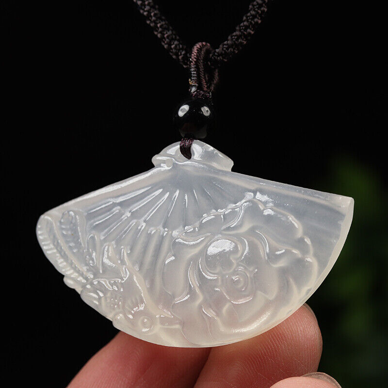 100% Natural White Jade Pendant Calcite Hand-carved Fan Flower Bird