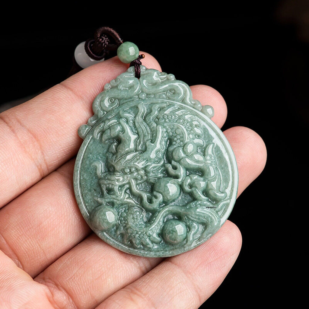 Jade Dragon Chasing the Flaming Pearl Pendant Necklace #36-1226