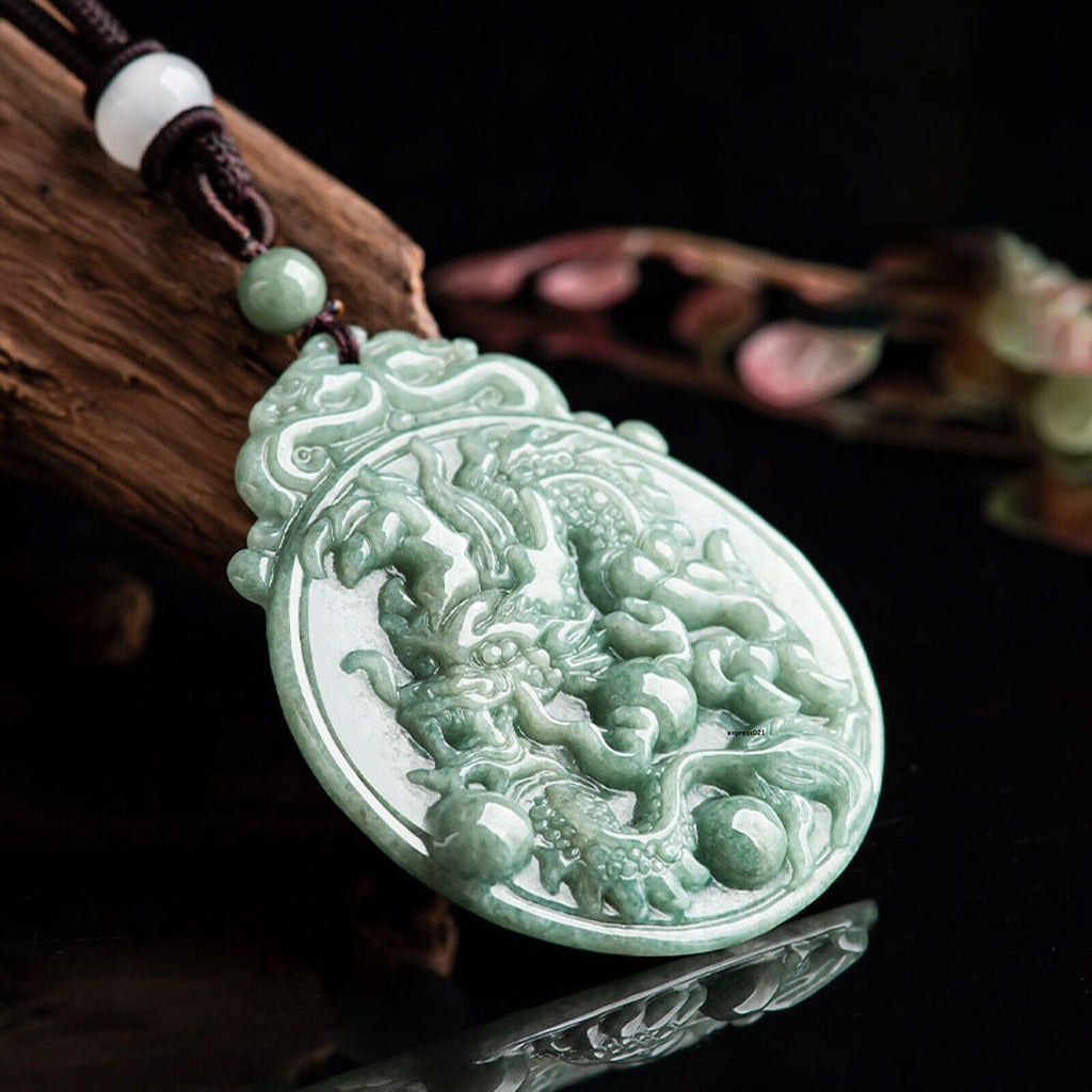 Jade Dragon Chasing the Flaming Pearl Pendant Necklace #36-1226
