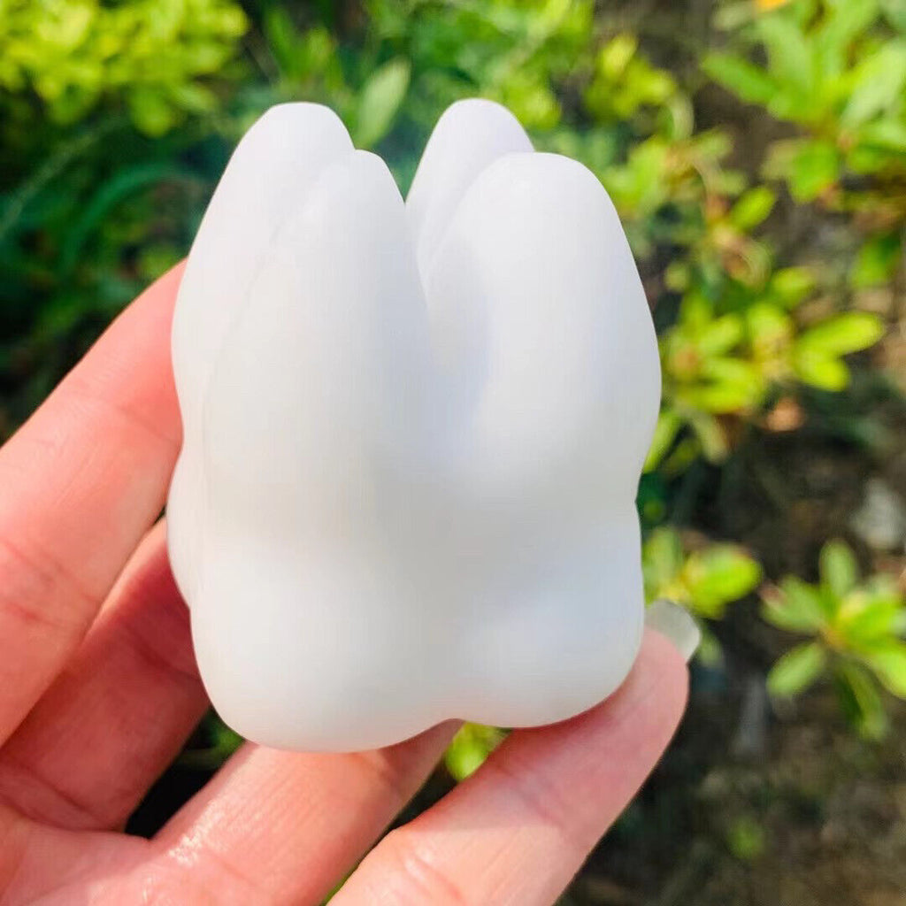Natural White Jade Quartz Hand Carved Tooth Skull