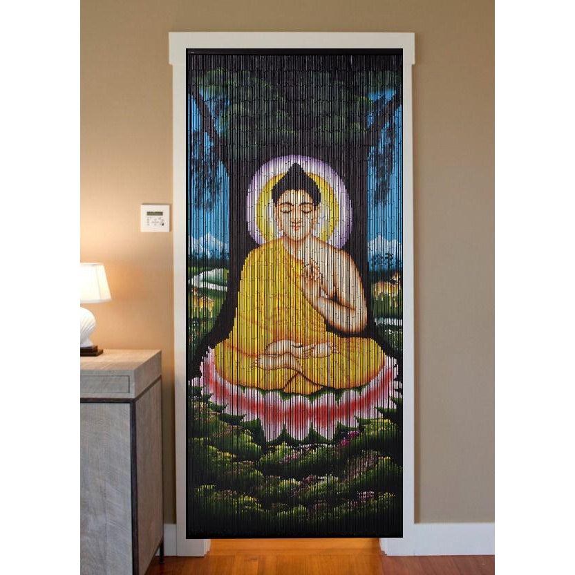 Bamboo Beaded Curtain Hand Painted-Buddha Lotus Teaching Mudra