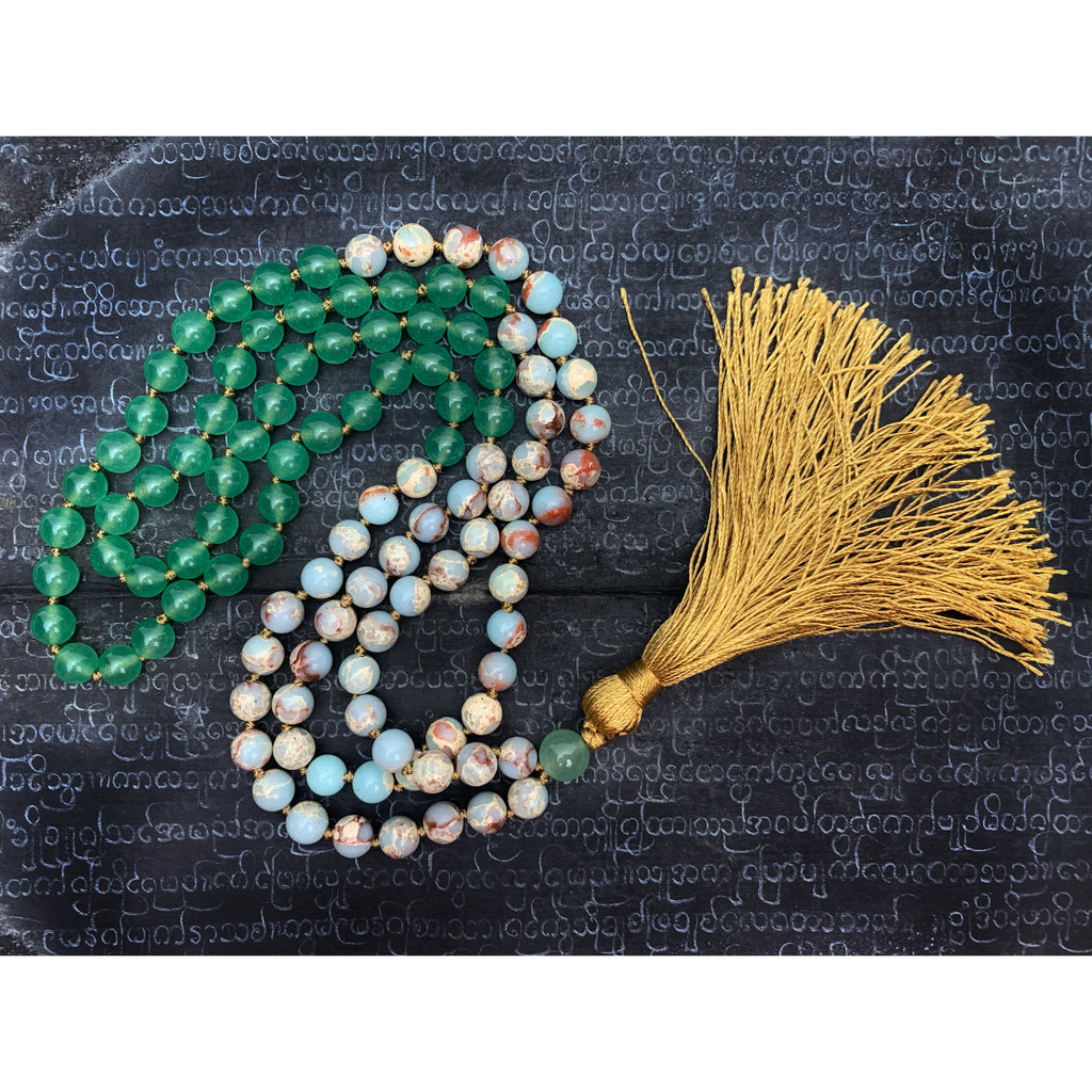 African Opal with Green Aventurine 8mm Knotted Mala with Silk Tassel #114