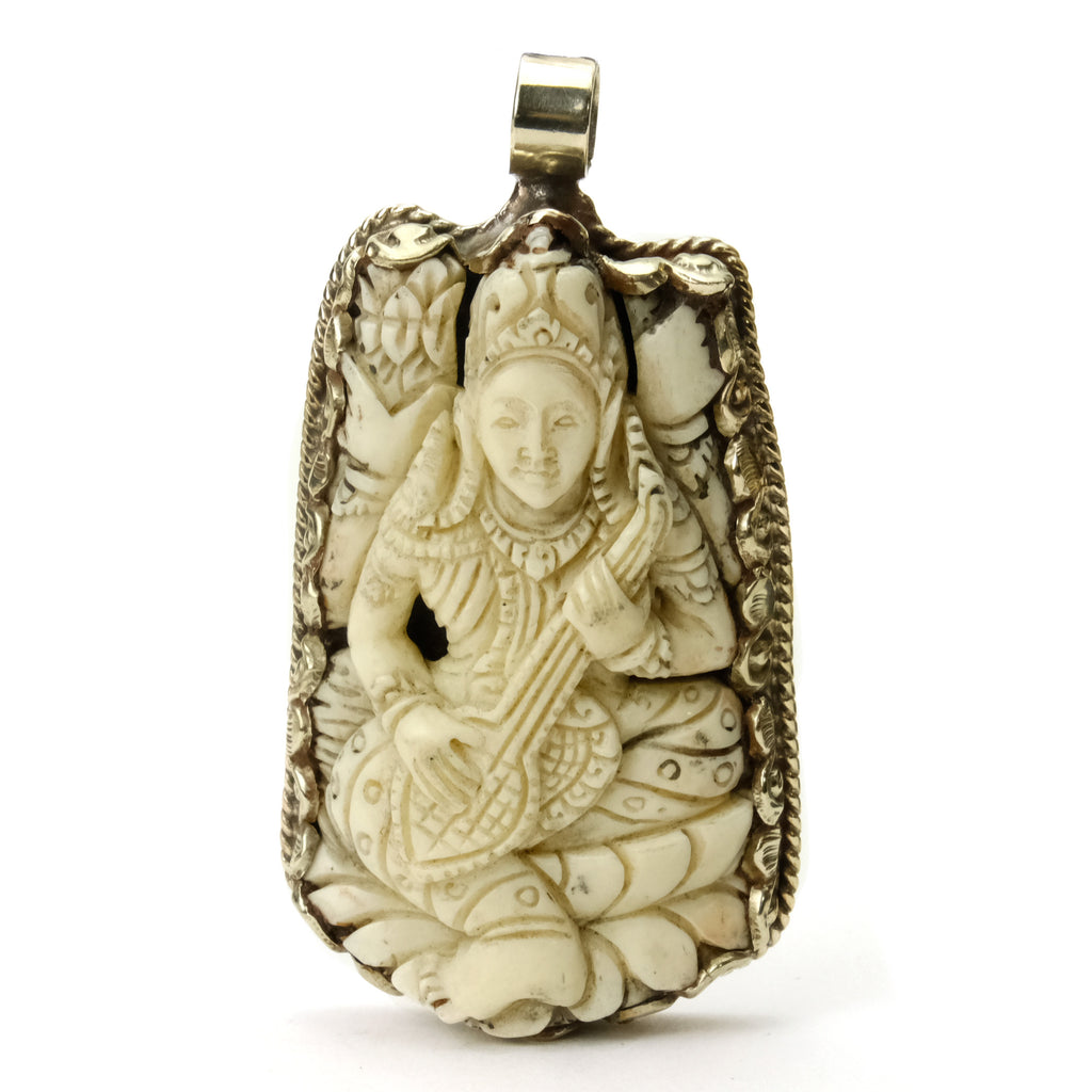 Saraswati Hindu Goddess of Knowledge, Music, Art, Wisdom and Learning Bone Pendant Set in White Brass Frame
