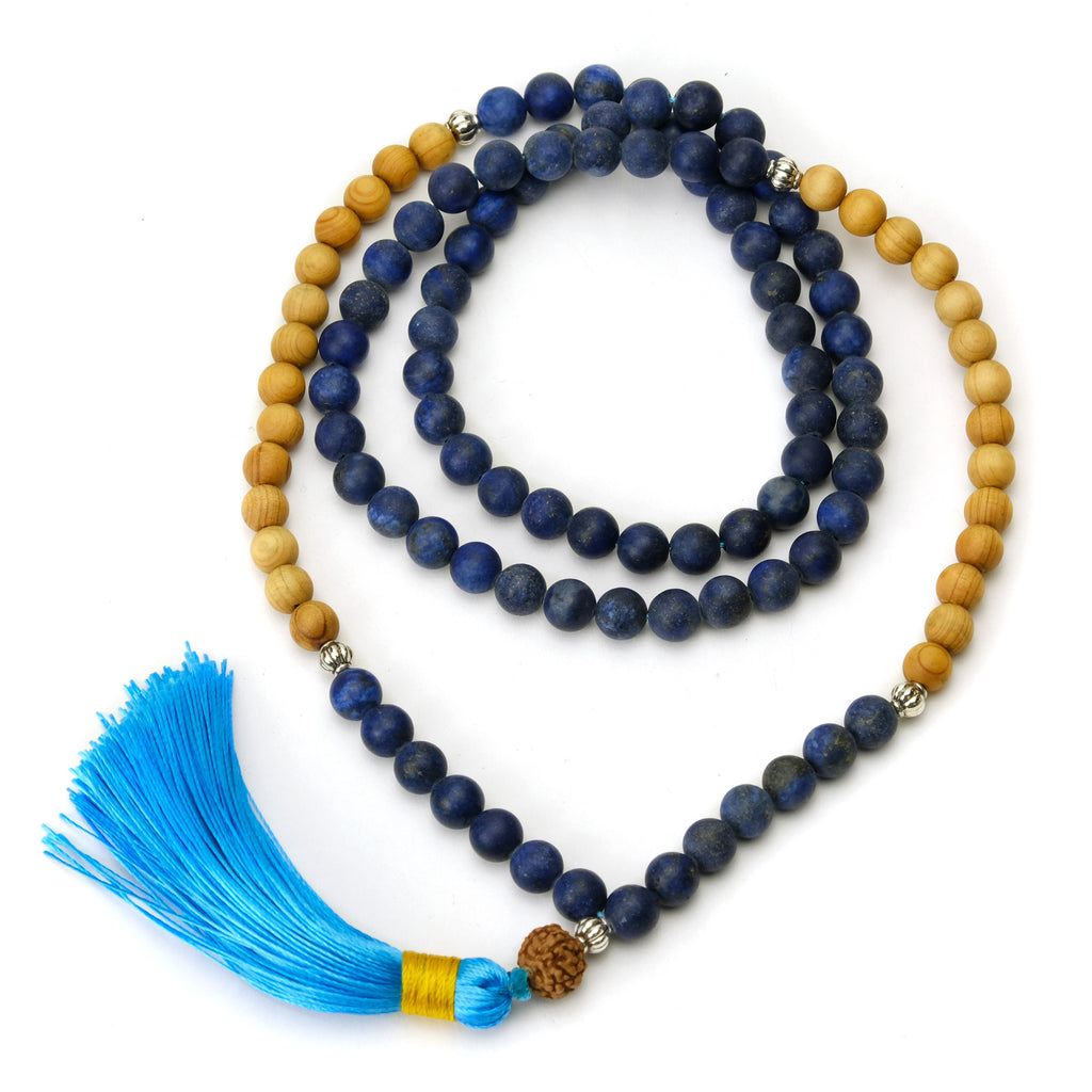 Matte Lapis and Sandalwood 8mm Knotted Mala with Silk Tassel #78
