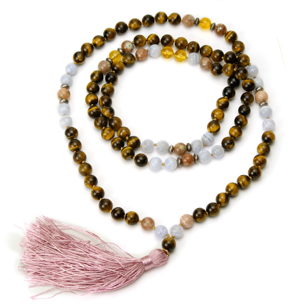 Tiger's Eye, Blue Lace Agate and Citrine 8mm Knotted Mala with Silk Tassel #91