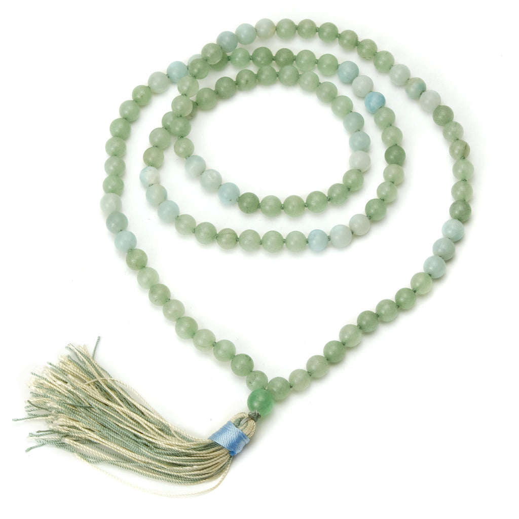 Aventurine and Amazonite 8mm Knotted Mala with Silk Tassel