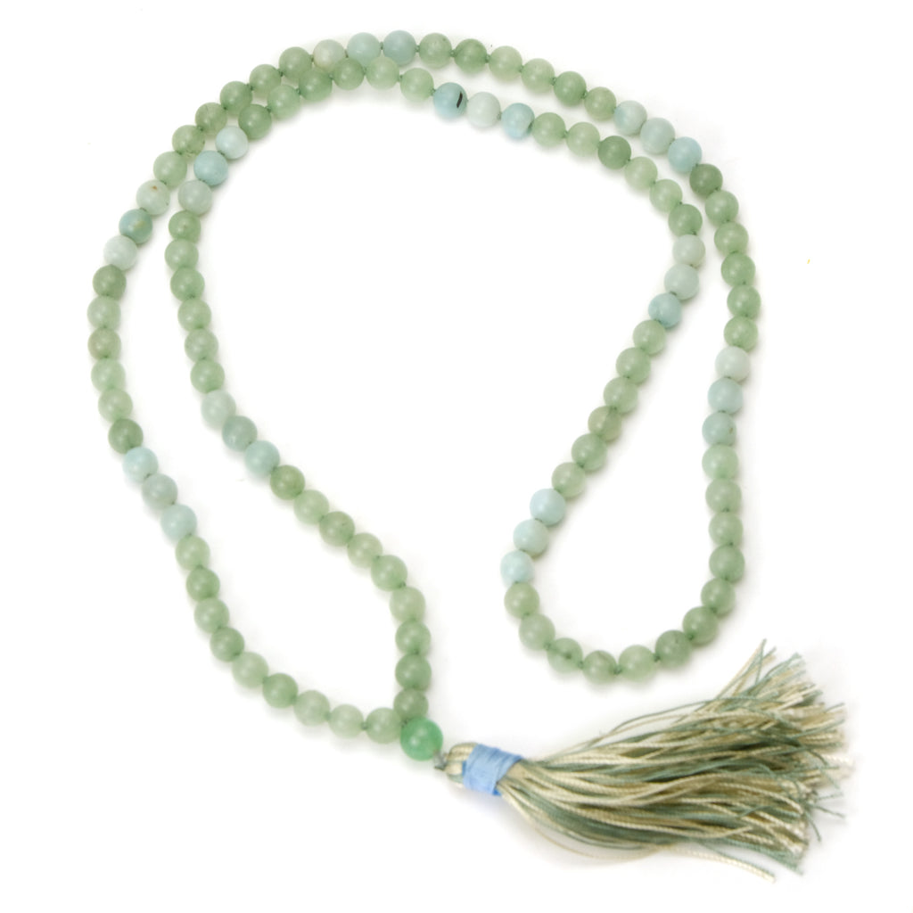 Aventurine and Amazonite 8mm Knotted Mala with Silk Tassel
