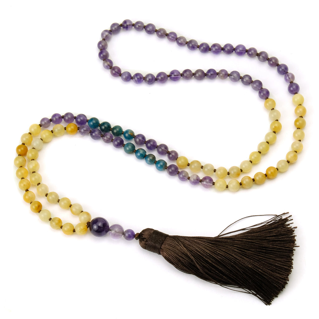 Gold Aventurine, Amethyst and Apalite 6mm Knotted Mala with Silk Tassel #101