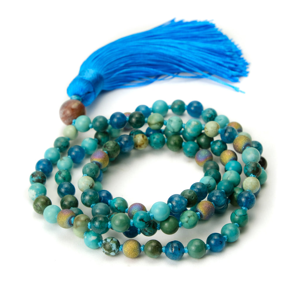 Chrysocolla 6mm Knotted Mala with Silk Tassel #106