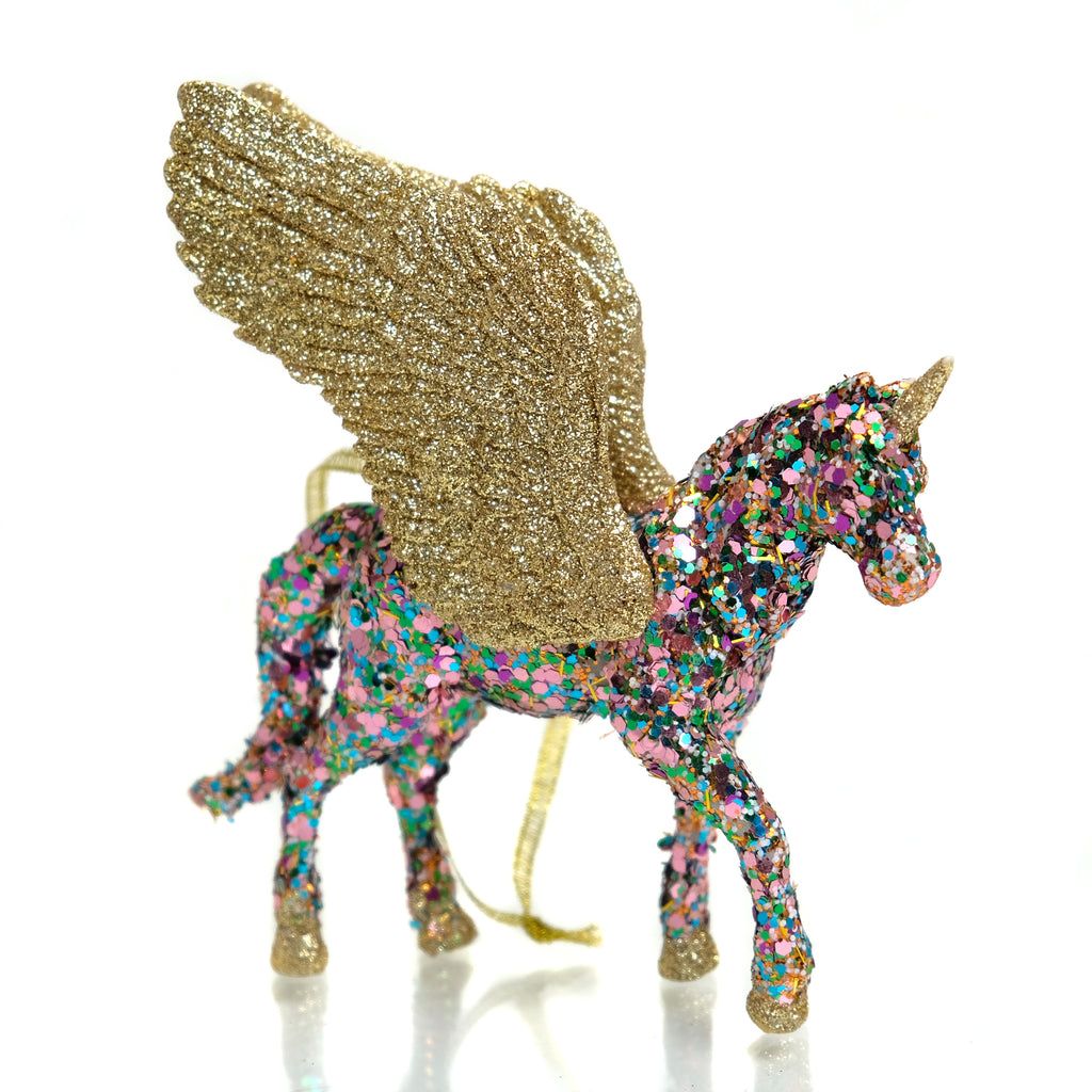 Pixelated Unicorn with Gold Wings Ornament