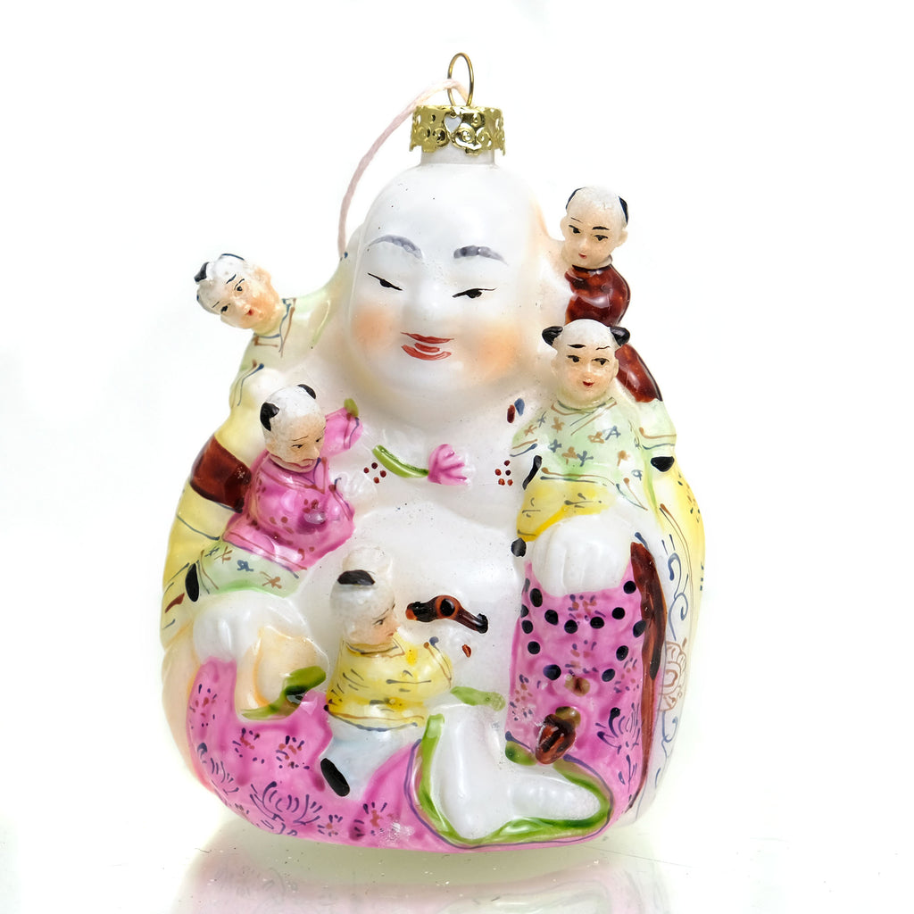 Good Fortune Five Children Laughing Buddha Glass Ornament