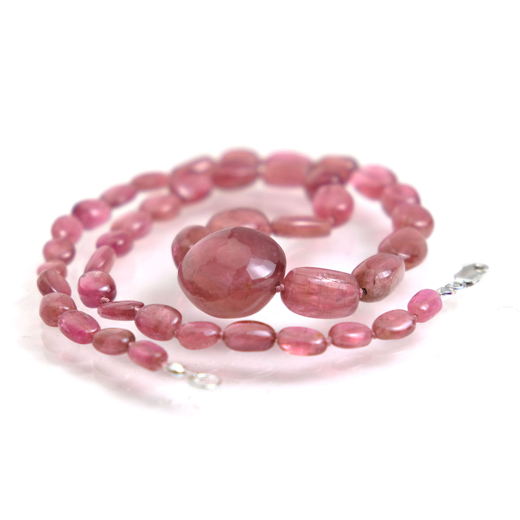 Smooth Pink Tourmaline Nuggets Knotted Necklace with Sterling Silver Lobster Clasp