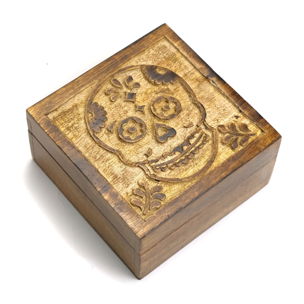 Hand Carved Wooden Skull Box