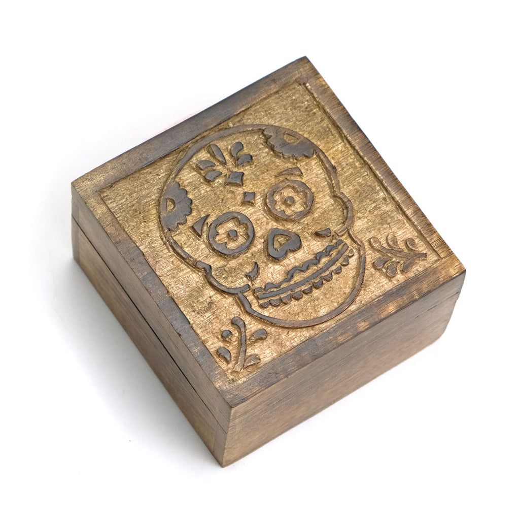 Hand Carved Wooden Skull Box