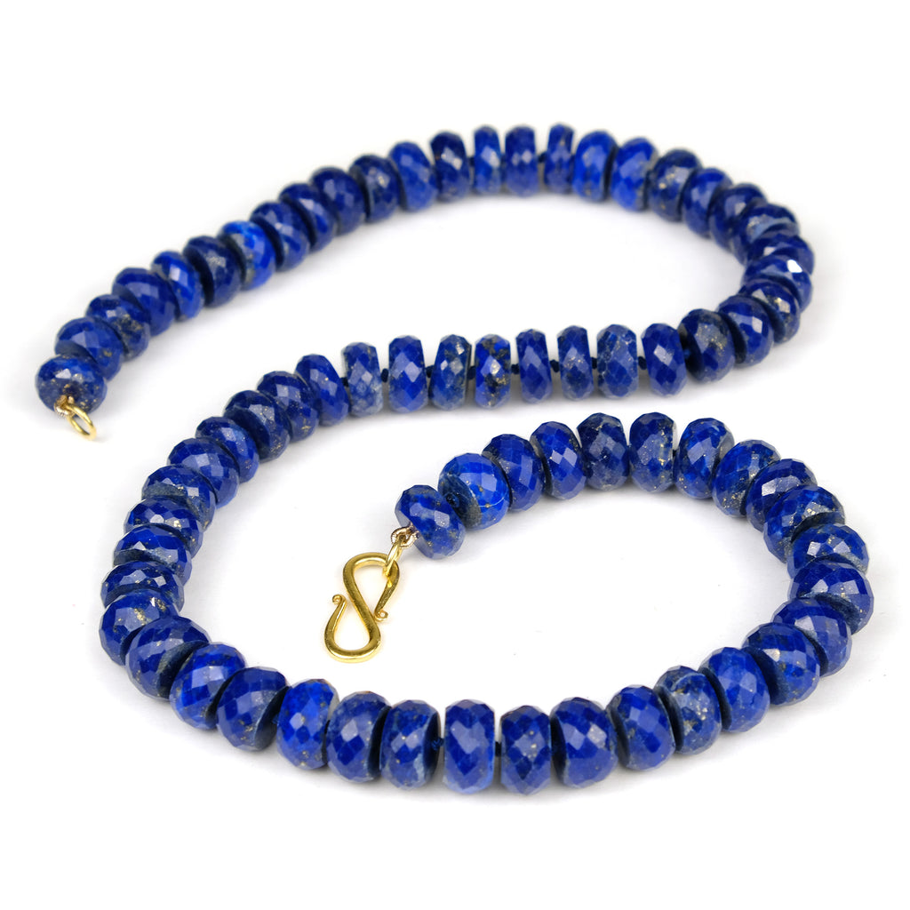 Lapis Lazuli 10mm Faceted Rondelle Knotted Necklace with Gold Plated S Hook Clasp