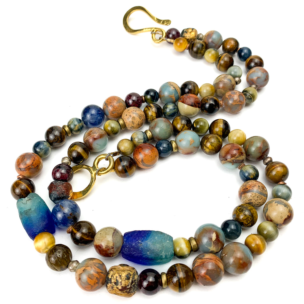 African Opal, Tiger's Eye, Kyanite, Gold-Brushed Terracotta, Java Glass and Brass Double Strand Stacked Necklace