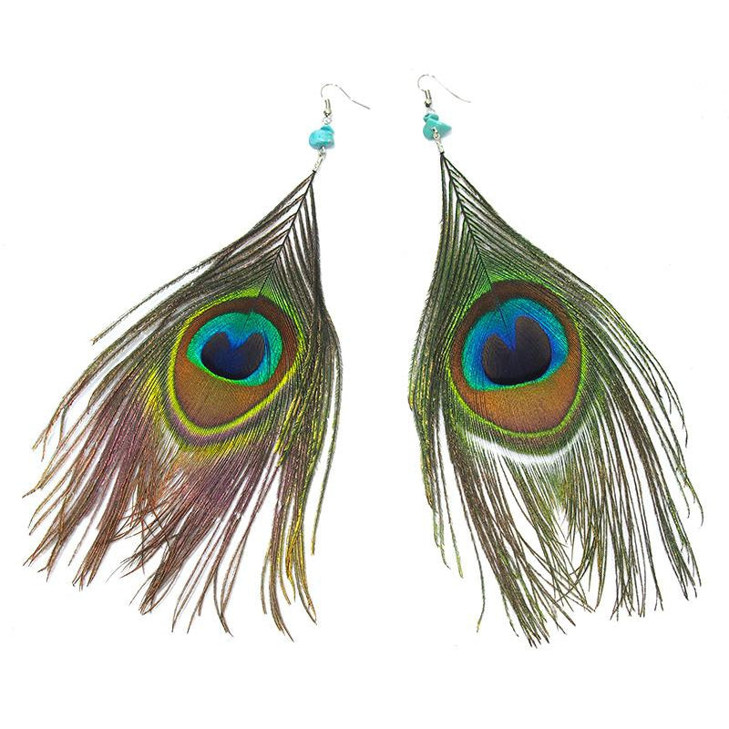 Peacock Feather With Turquoise Beads Earrings