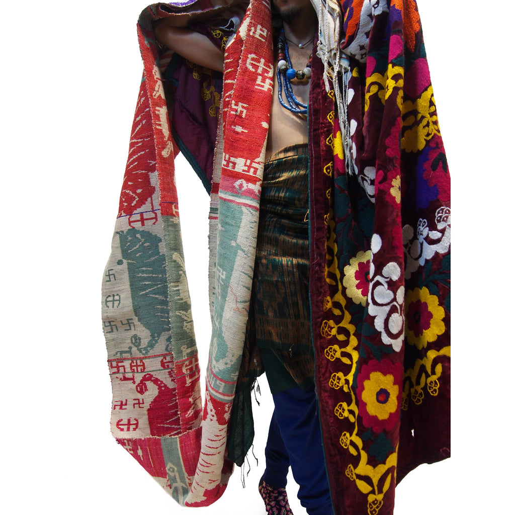 Ensemble 22: Vintage Shamanic Tiger Spirit Cloth with Suzani Cloth and Ikat Shawl - Each Item Sold Separately