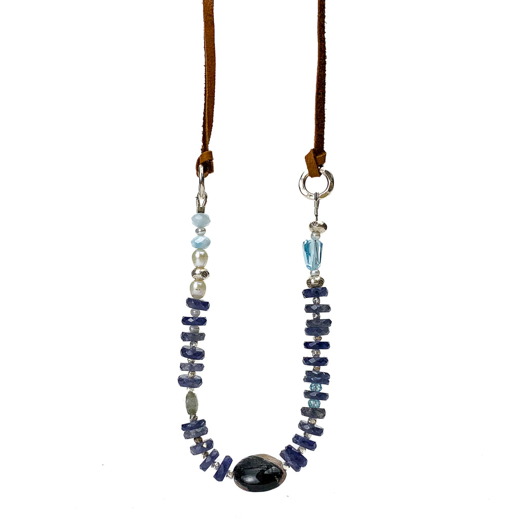 Iolite, Chaorite, Aquamarine, Larimar, Freshwater Pearl Leather Necklace #2
