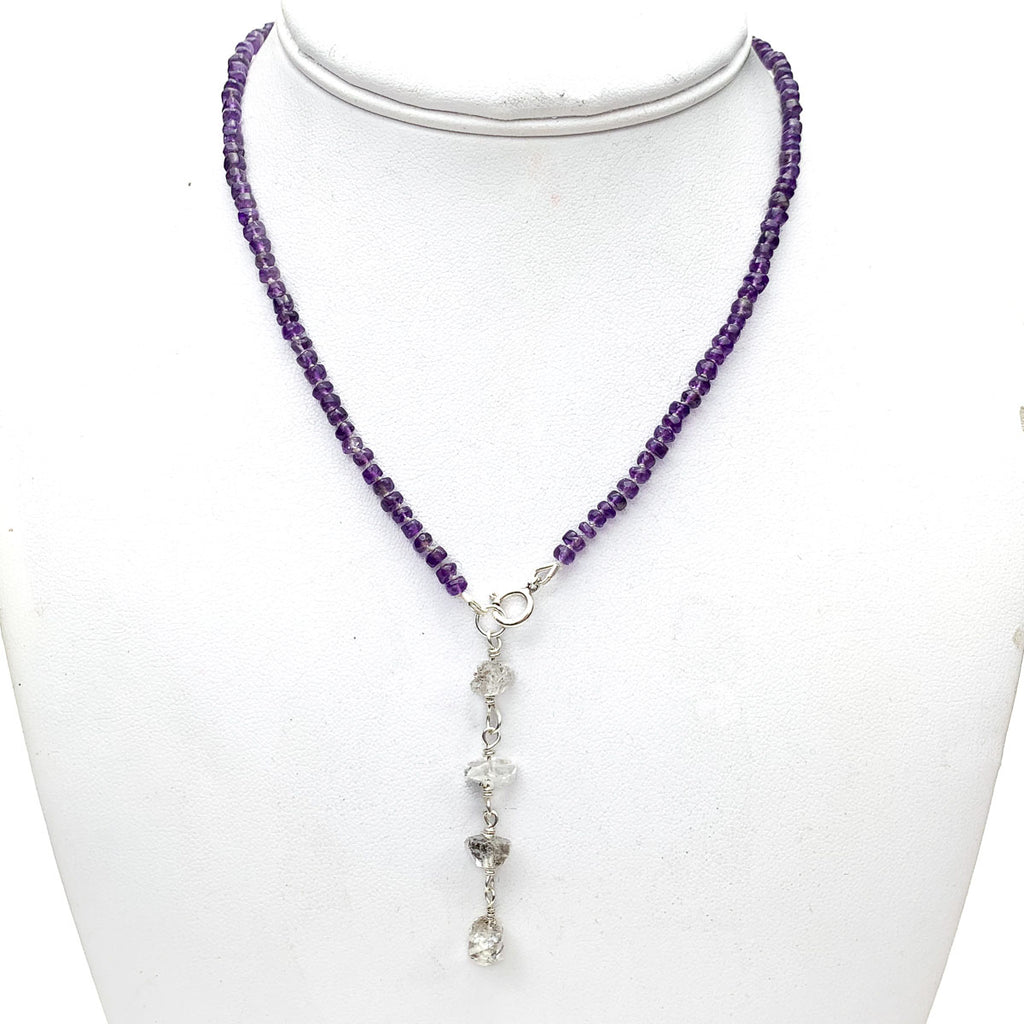 Amethyst, Moonstone, Herkimer Diamond Knotted Y Necklace With Sterling Silver Spring Clasp