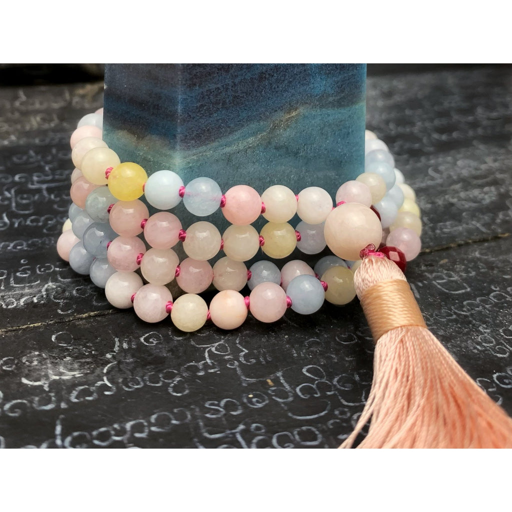 Multi-Colored Beryl 6mm Knotted Mala with Silk Tassel #23