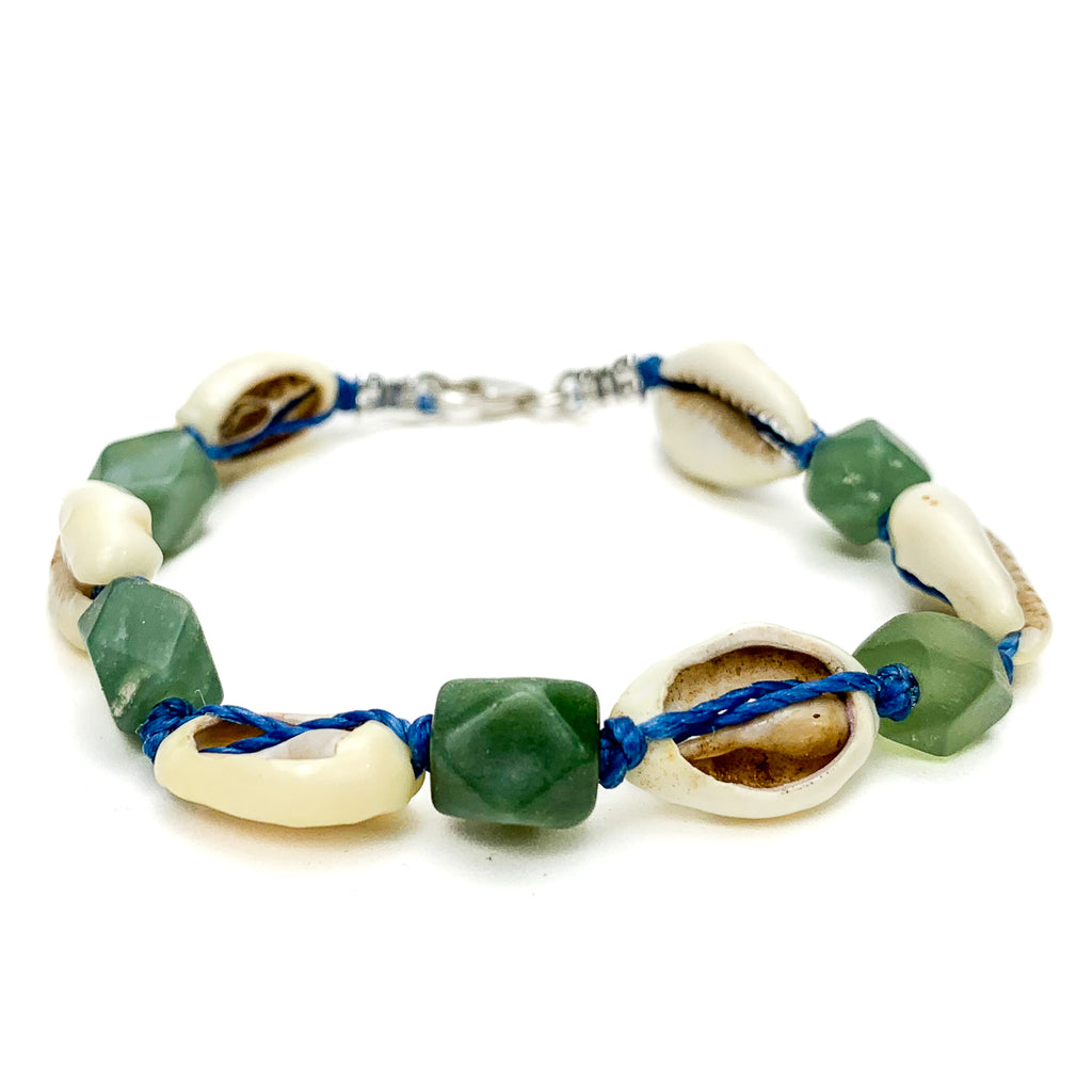 Cowrie Shell With Serpentine Bracelet With Sterling Silver Trigger Clasp