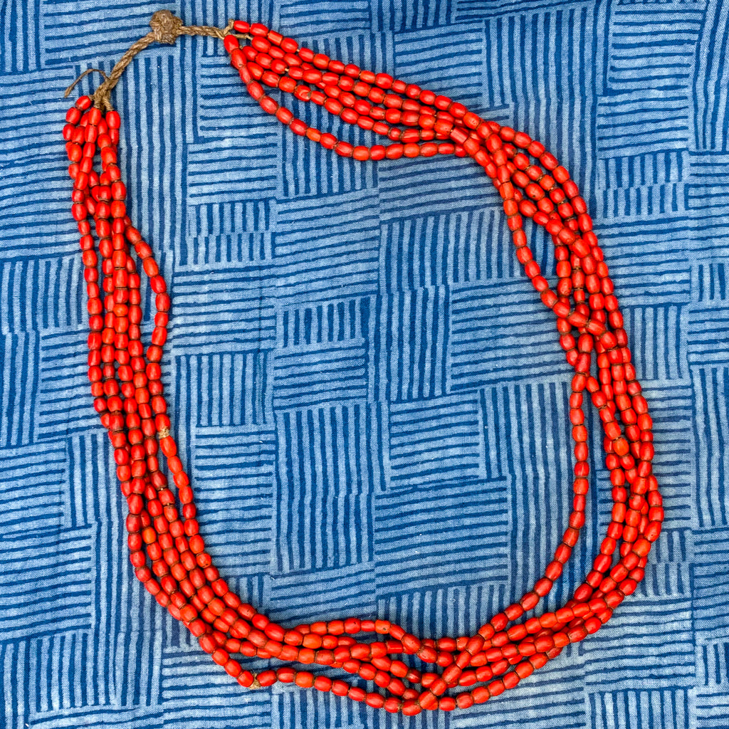 "Sherpa Coral" Antique Red Glass Multistrand 5 Strand Tamba / Necklace