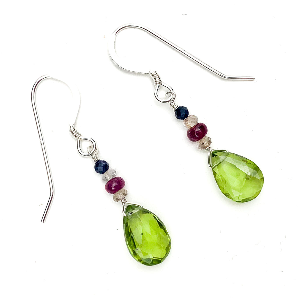 Peridot, Sapphire and Ruby Earrings with Sterling Silver Ear Wires