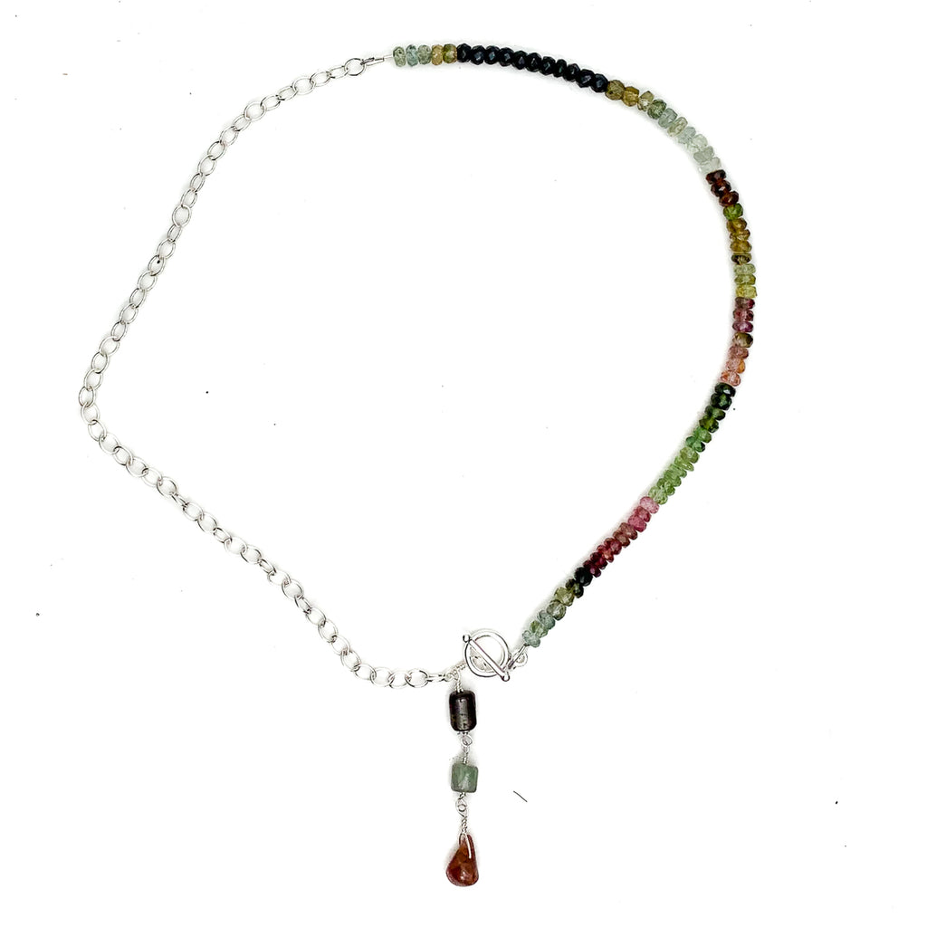 Multi-Color Tourmaline & Sterling Silver Chain Y Necklace With Sterling Silver Toggle Clasp
