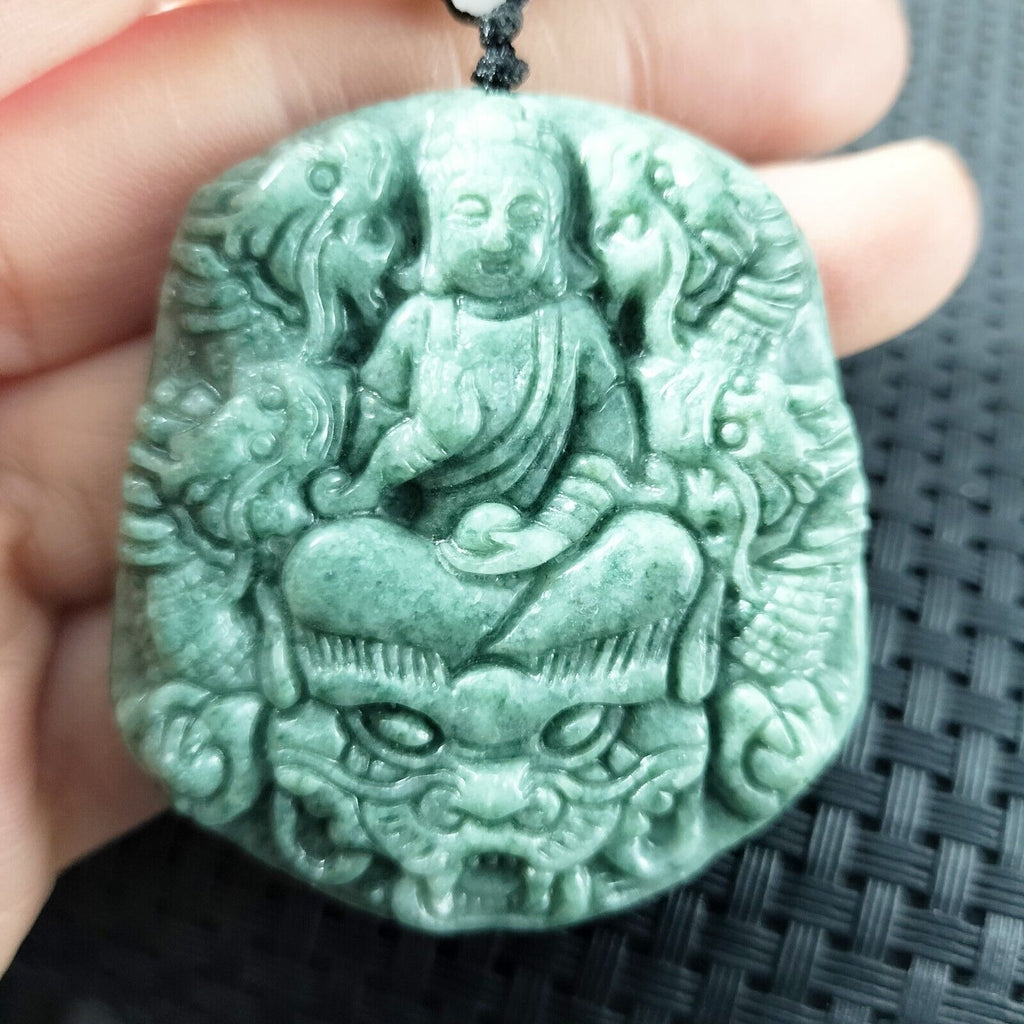 Certified Green Natural Type A Jadeite Guanyin Kwan Yin God Nine Dragons Pendant