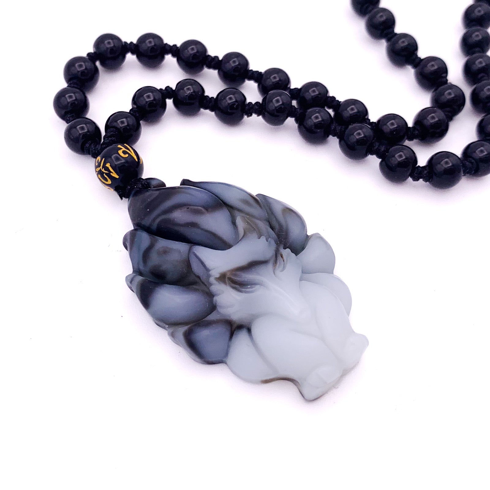 Nine Tail Fox Kitsune Pendant Banded White Agate #798 – Beads of