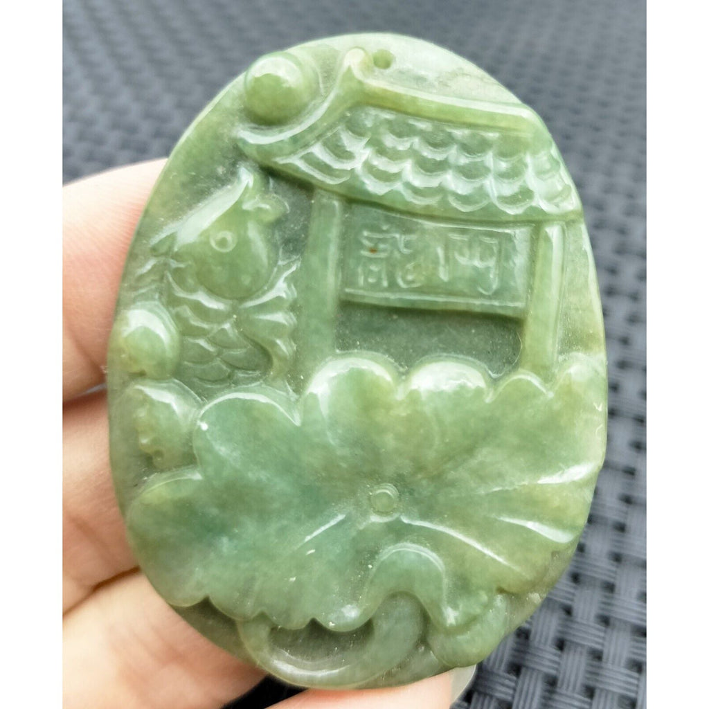 Certified Green Natural Type A Jade Jadeite Carp Fish Jump The Dragon Gate Pendant #7-1226