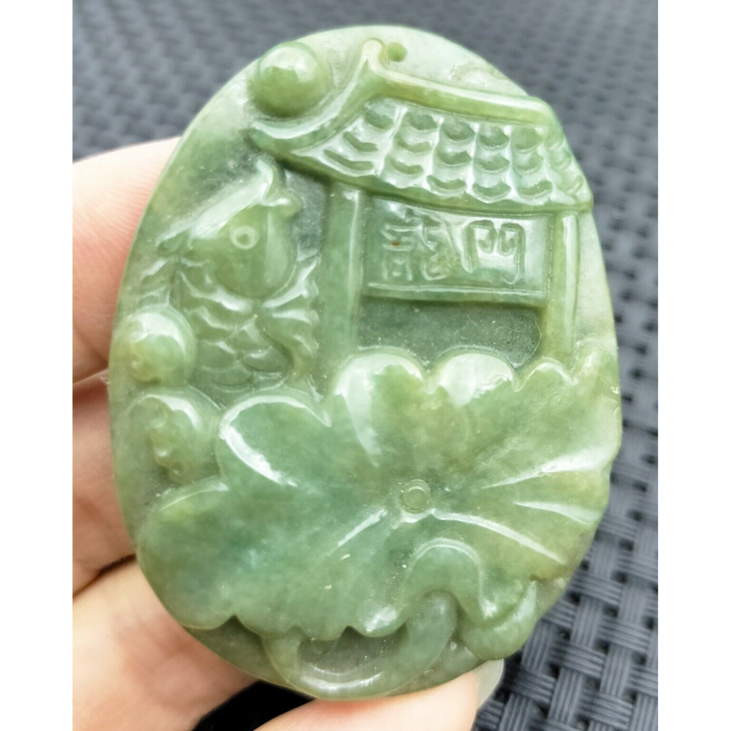 Certified Green Natural Type A Jade Jadeite Carp Fish Jump The Dragon Gate Pendant #7-1226