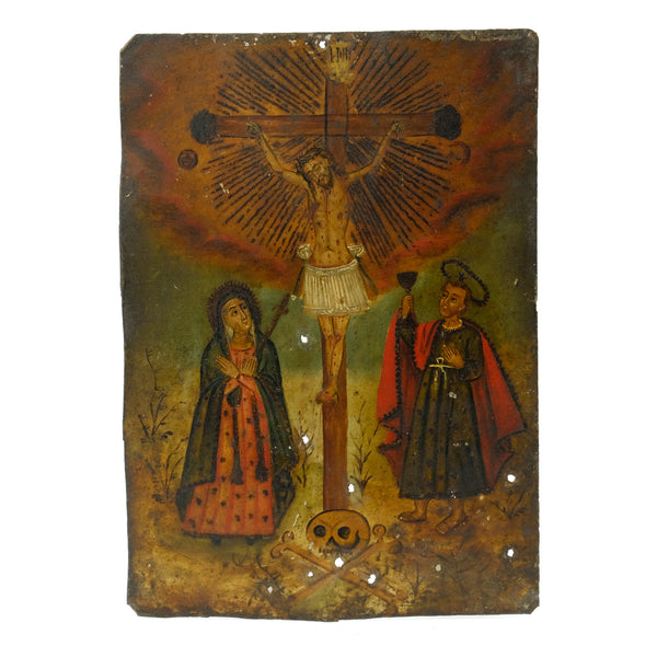 19th Century Mexican Antique Retablo of Jesús en el Calvario, or Jesus Crucified at Calvary #22