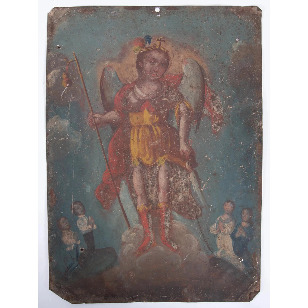 Archangel Raphael and Four Donors Spanish Colonial Retablo