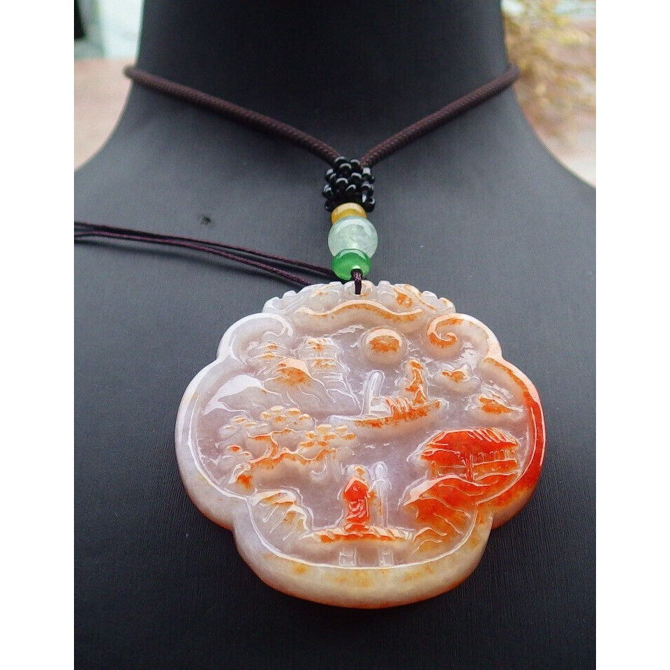Certified Lavender and Red Natural AAA Jade Jadeite Pendant Heavenly Landscape Painting with Dragon Chasing the Flaming Pearl in the Sky 山水 #31-1226