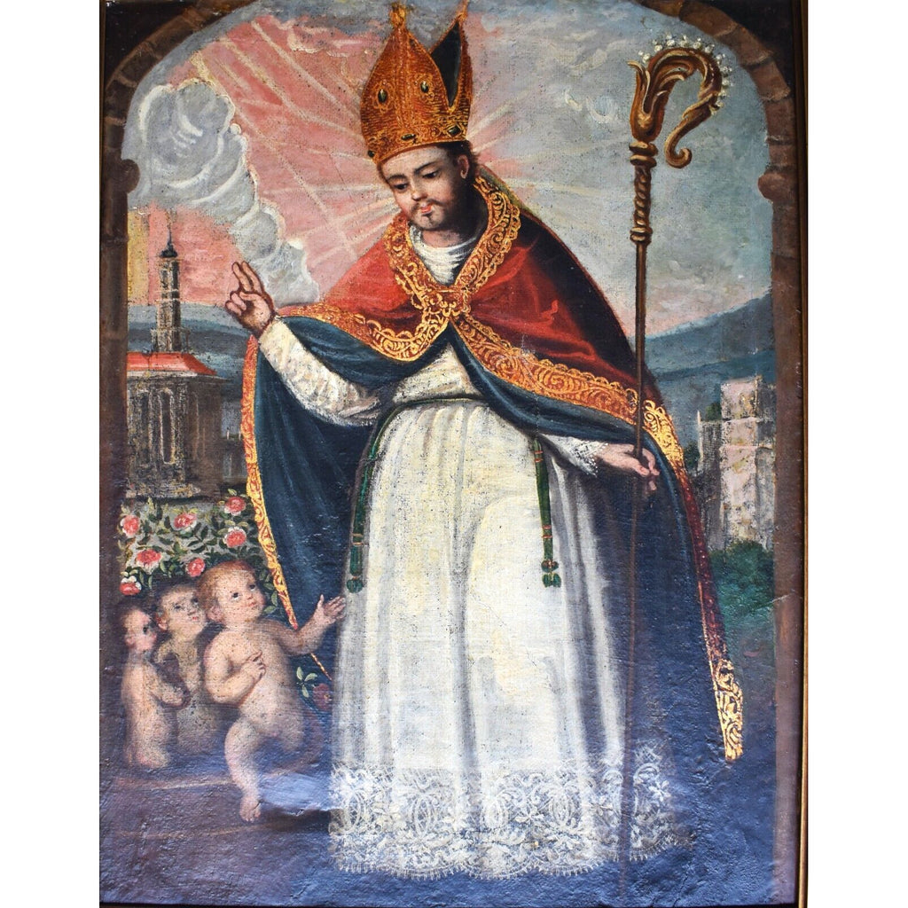 Saint Nicholas San Nicolas Antique 19th C. Spanish Colonial Painting on Canvas/ Retablo