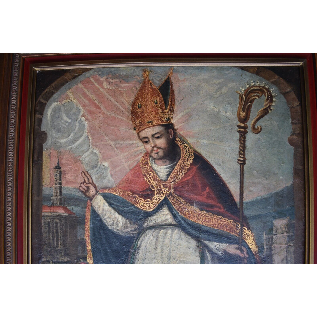 Saint Nicholas San Nicolas Antique 19th C. Spanish Colonial Painting on Canvas/ Retablo