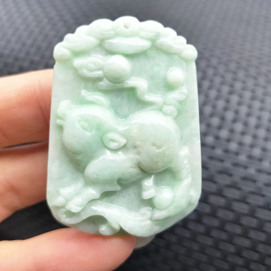 Certified Green Natural Jade Jadeite Carved Pig Ruyi YuanBao Pendant Grade A