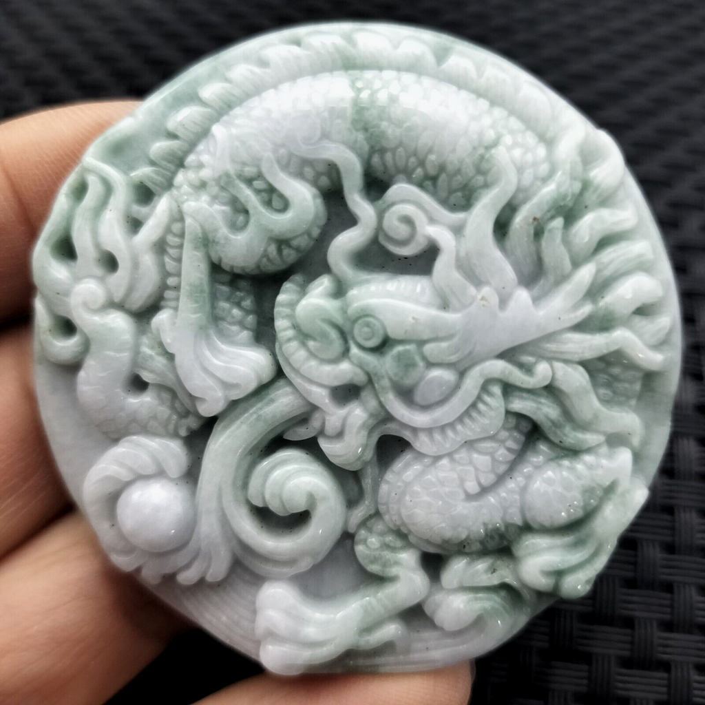 Certified Floral Green Natural Type A Jadeite Carved Dragon Bead 生意兴隆 Pendant