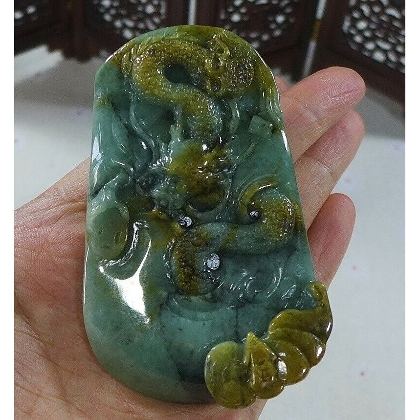 Cert'd Natural Type A Yellow Jadeite Jade Big Dragon Pendant