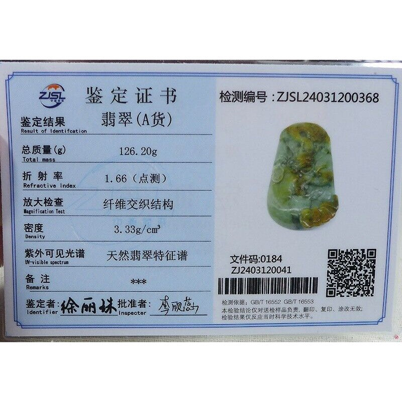 Cert'd Natural Type A Yellow Jadeite Jade Big Dragon Pendant